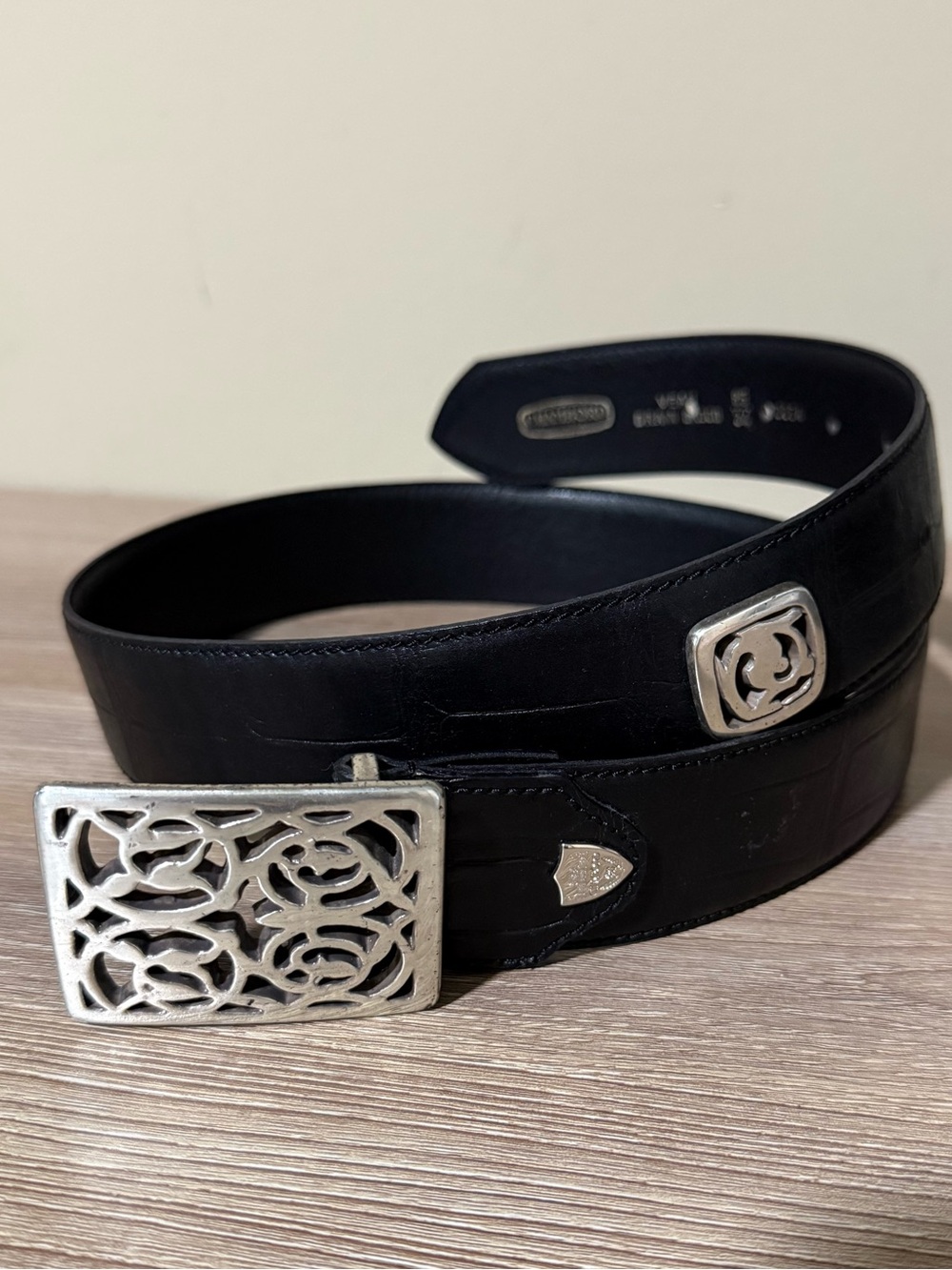 Chambord Made in France Black Croc Embossed Leather Belt Silver Floral 34